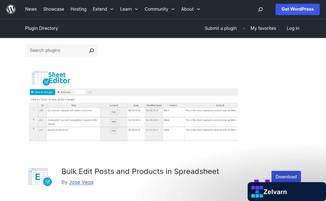 Spreadsheet grid displaying editable WordPress post data